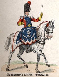 الحرس الإمبراطوري نابليون الأول: درك النخبة - تيمبالييه. لوحة من كتاب Les Uniforms de l'Armee francaise بقلم لينهارت وهومبرت بواسطة المدرسة الفرنسية