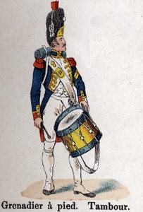 الحرس الإمبراطوري نابليون الأول: غرينادير سيرًا على الأقدام - طبل. لوحة من كتاب Les Uniforms de l'Armee francaise بقلم لينهارت وهومبرت بواسطة المدرسة الفرنسية