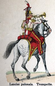 الحرس الإمبراطوري نابليون الأول: لانسر البولندي - البوق. لوحة من كتاب Les Uniforms de l'Armee francaise بقلم لينهارت وهومبرت بواسطة المدرسة الفرنسية