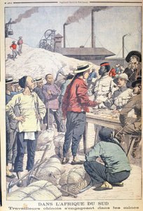 استيراد عمال صينيين للعمل في مناجم الذهب في جنوب أفريقيا عام 1904 ، توضيح من لو بيتيت جورنال ، 1904