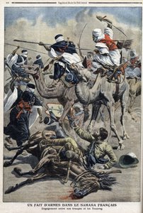 باللغة الإنجليزية Sahara: قتال بين طوارق الرمال الفرنسية ، رسم توضيحي من صحيفة "Le Petit Journal" "17 مارس بواسطة المدرسة الفرنسية