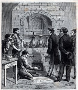 تركيب البيرومتر من قبل ألكساندر برونجنيارت (1770-1847) عالم فرنسي في صناعة سيفر - نقش في "العلوم على سبيل المثال لا الحصر - الفيزياء والكائنات الشعبية" للكسيس كليرك - نهاية القرن التاسع عشر. مجموعة خاصة. بواسطة المدرسة الفرنسية