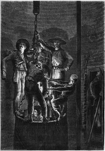 المظهر الداخلي لبئر منجم فحم: صعود القمامة. 1861. نقش في "" Le Monde Illustré "" رقم 238 بتاريخ 2 نوفمبر بواسطة المدرسة الفرنسية