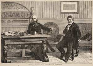 مقابلة بين الكونت بسمارك وم. جول فافر ، سبتمبر 1870 ، رسم توضيحي من كاسيلس تاريخ الحرب بين فرنسا وألمانيا ، 1870-1871 بواسطة المدرسة الفرنسية