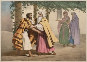 يعقوب مع لابان وبناته ، رسم توضيحي من التعليم المسيحي Listoire Sainte ، نشره Charles Delagrave ، باريس ، أواخر القرن التاسع عشر بواسطة المدرسة الفرنسية
