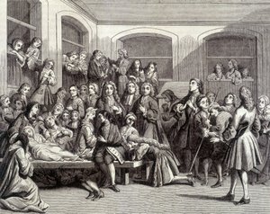 Jansenism: التشنجات في مقبرة Saint-Médard على قبر الشماس Parîs (1690 - 1727) حيث حدثت "المعجزات". طباعة القرن الثامن عشر. بواسطة المدرسة الفرنسية