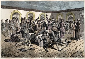 Jansenist convulsionary (أو Saint Medard) (أعمال التشنجات) في القرن الثامن عشر: "" يذهب المرضى والعجزة إلى مقبرة القديس ميدارد (حيث يقع قبر الشماس فرانسوا باريس) ليكونوا بأعجوبة جيريس "(ممارسات Convulsionnaire - يخدع بواسطة المدرسة الفرنسية