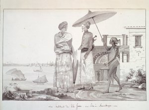 سكان جزيرة جافا في طريقهم إلى سورابايا ، رسم توضيحي من رحلة حول العالم بقلم لويس إيزيدور دوبري ، بقلم إل إف ليجون بواسطة المدرسة الفرنسية