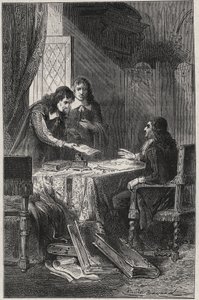 قدم جان تشابلان (1595-1674) الشاعر والناقد الأدبي الفرنسي وبيير كوستار (1603-1660) جان بابتيست كولبير (1619-1683) قائمة بالكتاب الذين يستحقون أن يكونوا متقاعدين من قبل الملك - نقش في "Les Hommes Celebres de la فرنسا "لويس دوماس 18 بواسطة المدرسة الفرنسية