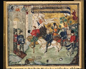 جان دارك (1412-31) الإعلان عن تحرير أورليانز إلى تشارلز السابع (1403-61) في Loches بواسطة المدرسة الفرنسية