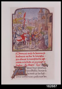 استقبال جون باي جاونت من قبل مواطني بايون في بوابات المدينة ، من Froissarts Chronicle ، أواخر القرن الخامس عشر بواسطة المدرسة الفرنسية