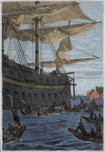 رحلة صموئيل واليس (1728-1795) إلى بولينيزيا: السكان الأصليون يحملون أغصان الموز كتحية ترحيب - رسم توضيحي مأخوذ من "البحارة العظماء في القرن الثامن عشر" بواسطة المدرسة الفرنسية