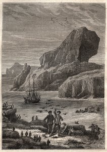 جزر كيرغولين. رسم توضيحي للملاحين العظماء في القرن الثامن عشر بواسطة Jules Verne - James Cook aux Iles de Kerguelen en 1776 (أرخبيل Kerguelen أو Iles de la Desolation) - في "رحلوا من القرنين الثامن عشر والتاسع عشر - رسم توضيحي بواسطة المدرسة الفرنسية