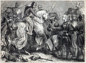 الملك ألفونسو الخامس العظيم (1396-1458) ، ملك أراغون ، يغزو مملكة نابولي. نقش في "" تاريخ الباباوات (...) جرائم الملكة الملك والأباطرة عبر القرون "بقلم موريس لاشاتر بواسطة المدرسة الفرنسية