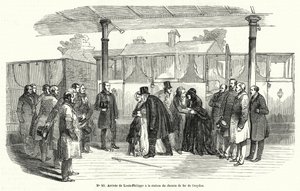 وصول ملك فرنسا لويس فيليب إلى محطة سكة حديد كرويدون بعد إجباره على النفي ، فبراير 1848 (نقش) بواسطة المدرسة الفرنسية