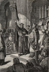 أخذ الملك لويس السابع (1120-1180) الأوريفليم في بازيليك القديس دينيس (سانت دينيس) في حضور الملكة ألينور من آكيتاين واستلم النحلة الطنانة و pannetiere من بيليرين من يدي البابا يوجين الثالث (؟ -1153) قبل مغادرته بواسطة المدرسة الفرنسية
