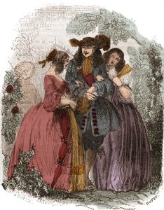 ملك فرنسا لويس الرابع عشر (1638-1715) مع هورتنس مانشيني (1646-1699) وشقيقته ماري مانشيني (1639-1715). بنات اخوات مازارين. نقش القرن التاسع عشر. بواسطة المدرسة الفرنسية