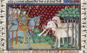 الفرسان يهاجمون الأفيال ، من 'Shrewsbury Talbot Book of Romances' ، حوالي 1445 (ورق) بواسطة المدرسة الفرنسية