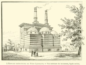 مبنى محرقة Pere-Lachaise ، المنظر الخارجي للنصب التذكاري ، الواجهة الخلفية (نقش) بواسطة المدرسة الفرنسية