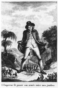 مر الإمبراطور جيشه بين ساقي ، مأخوذ من ترجمة فرنسية ل Gullivers Travels بواسطة المدرسة الفرنسية