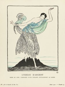 الطائر الفضي. فستان سهرة يتكون من وشاح يلف الصدر من لا جازيت دو بون تون ، حانة. 1914 (طباعة استنسل) بواسطة المدرسة الفرنسية