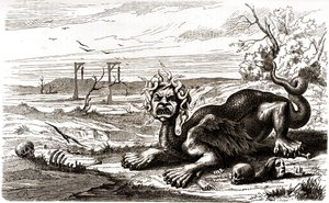 لا فروند (1648-1653): حيوان وحشي بشعر أفعى، يقف فوق جثث وهياكل عظمية بشرية بواسطة المدرسة الفرنسية