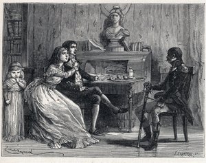 La Terreur أثناء الثورة الفرنسية: تلقى كاميل ديسمولين (1760-1794) ، المسجون ، زيارة زوجته لوسيل (1770-1794) والماريشال غيوم برون (1763-1815) بواسطة المدرسة الفرنسية