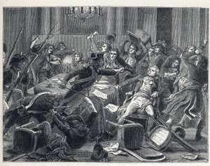 La Terreur أثناء الثورة الفرنسية: اعتقال Maximilian de Robespierre (1758-1794) وأنصاره اجتمعوا في فندق de Ville de Paris في 9 Thermidor العام الثاني (27 يوليو 1794). في الوسط ، أطلق أحد رجال الدرك مسدسًا على روبسبير (1758-1794). بواسطة المدرسة الفرنسية