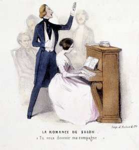 الرومانسية في الصالون: رجل يغني بمرافقة امرأة على البيانو ، بواسطة لونساي ، ج. 1845. بواسطة المدرسة الفرنسية