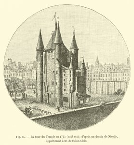 برج المعبد في 1793 ، الساحل الشرقي ؛ بعد رسم نيكول. تنتمي إلى M de Saint-Albin بواسطة المدرسة الفرنسية
