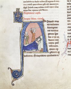 حرف "أ" كبير مؤرخ ، يُظهر جوديث بسيف مرفوع فوق Holofernes نائم ، حوالي 1200-1225 (أحبار بنية ، حمراء ، بيضاء وزرقاء على أرضية وردية (رق) مع غول) بواسطة المدرسة الفرنسية