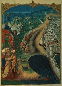 Lat 6067 f.50v كبير مستشاري محمد الثاني ، ربما ميش باليولوج ، يوجه العمليات التركية ، ج 1480 ، من تاريخ حصار رودس ، بقلم غيوم كاورسين ، 1483 بواسطة المدرسة الفرنسية