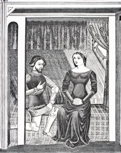 Launcelot و Guinevere ، بعد منمنمة من مخطوطة من القرن الرابع عشر ، من العلوم والأدب في العصور الوسطى بواسطة Paul Lacroix Pub. لندن 1878 بواسطة المدرسة الفرنسية