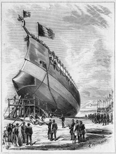 إطلاق السفينة المدرعة "La Galissonniere" ، 7 مايو 1872 في ميناء بريست ، فينيستير (29). نقش في "" Le Monde Illustré "" رقم 789 بتاريخ 25 مايو 1872. بواسطة المدرسة الفرنسية