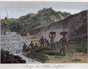 Lavge des sable auriferes - "" العالم في المطبوعات أو جغرافيا الأجزاء الخمسة من العالم "" لشوفالييه دي روجو بواسطة المدرسة الفرنسية
