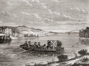 وضع كابل تلغراف تحت نهر أمريكي حوالي عام 1860 ، من Les Merveilles de la Science ، تم نشره حوالي عام 1870 (نقش) بواسطة المدرسة الفرنسية