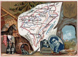 Le Doubs (25) ، فرانش كونت (فرانش كومت) ، فرنسا. صورة لجورج كوفييه (1764-1832) ، عالم حفريات فرنسي. التخصص المحلي: الكيرش ، الشيح ، صناعة الساعات ، الأسلاك ، الزراعة. سلسلة عن الأقسام الفرنسية. Chromolithography (Chromo) "" بواسطة المدرسة الفرنسية