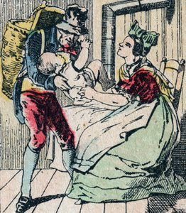 شخصية Le Pere Fouettard الفرنسية للأب الجلدي ، شخصية أسطورية للفولكلور تعاقب الأطفال المشاغبين وتحيط بالأولاد العُصاة ، صورة إبينالية من القرن التاسع عشر (نقش) بواسطة المدرسة الفرنسية