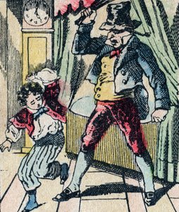 شخصية Le Pere Fouettard الأسطورية للفولكلور ، ومعاقبة الأطفال غير الحكماء بسوطه ، وإحاطة الأطفال المستعدين ، صورة إبينال بواسطة المدرسة الفرنسية