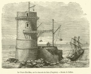 The Phare d'Ar-Men ، على Chaussee de Sein ، فينيستير (نقش) بواسطة المدرسة الفرنسية