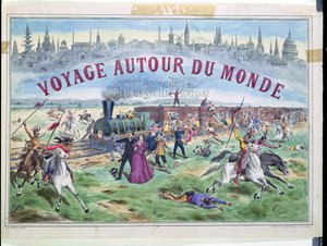 Le Voyage Autour du Monde ، غلاف صندوق للعبة مبنية على أساس حول العالم في 80 يومًا من جول فيرن (1828-1905) بواسطة المدرسة الفرنسية