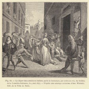 رحيل الكوميديين الإيطاليين ، بأمر من الملك ، لمسرح الكوميدي الإيطالي ، 4 مايو 1697 (نقش) بواسطة المدرسة الفرنسية