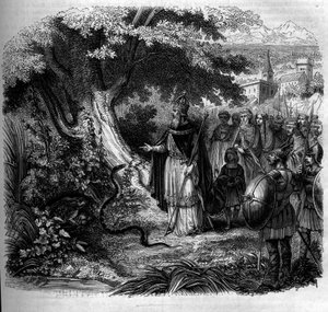 أسطورة شارلمان والثعبان: الإمبراطور أمام عش الأفعى يشغله الضفدع. نقش من 1852. بواسطة المدرسة الفرنسية