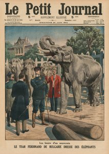وقت فراغ صاحب السيادة ، Tzar Ferdinand I of بلغاريا يروض الفيلة ، التوضيح الغلاف الأمامي من `` Le Petit Journal &39;&39; ، ملحق illustre ، 21 يونيو 1914