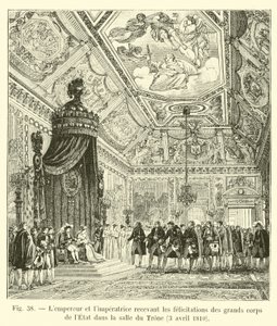 الإمبراطور وليمبريس يستقبلان التهاني من فيلق الدولة الكبير في قاعة العرش ، 3 أبريل 1810 بواسطة المدرسة الفرنسية