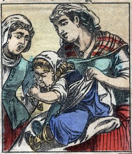 ليمويل جاليفر في Payx des Gants de Brobdingnag. رسم توضيحي لـ "" رحلات جاليفر "" لجوناثان سويفت (1667-1745). تصوير إبينال أواخر القرن التاسع عشر. بواسطة المدرسة الفرنسية
