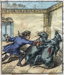 Lemuel Gulliver يحارب الفئران في أرض عمالقة Brobdingnag. رسم توضيحي لـ "" رحلات جاليفر "" لجوناثان سويفت (1667-1745). تصوير إبينال أواخر القرن التاسع عشر. بواسطة المدرسة الفرنسية