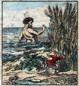 Lemuel Gulliver يختبئ من عملاق في Brobdingnag. رسم توضيحي لـ "" رحلات جاليفر "" لجوناثان سويفت (1667-1745). تصوير إبينال أواخر القرن التاسع عشر. بواسطة المدرسة الفرنسية