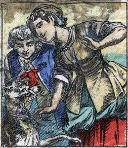 Lemuel Gulliver في أرض عمالقة Brobdingnag. رسم توضيحي لـ "" رحلات جاليفر "" لجوناثان سويفت (1667-1745). تصوير إبينال أواخر القرن التاسع عشر. بواسطة المدرسة الفرنسية