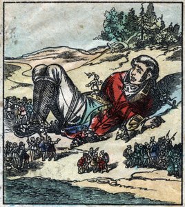 استيقظ Lemuel Gulliver بعد غرق سفينته وتم أسره من قبل Lilliputians. رسم توضيحي لـ "" رحلات جاليفر "" لجوناثان سويفت (1667-1745). تصوير إبينال أواخر القرن التاسع عشر. بواسطة المدرسة الفرنسية